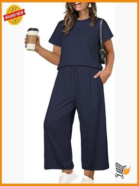 Plus Size Two Piece Lounge Set Short Sleeve Top Wide Leg Pants 1X-5X